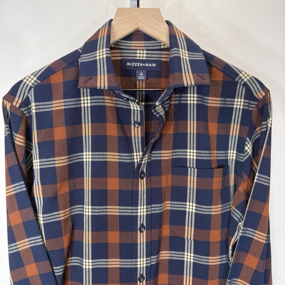 Mizzen+Main City Flannel Shirt Rust Orange Navy Blue Plaid Men's Size Medium - Picture 4 of 9